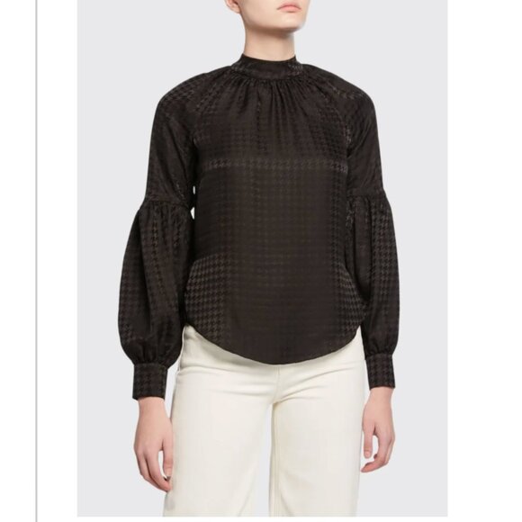 Veronica Beard Cicley Houndstooth Mock-Neck Silk Top - Picture 1 of 7